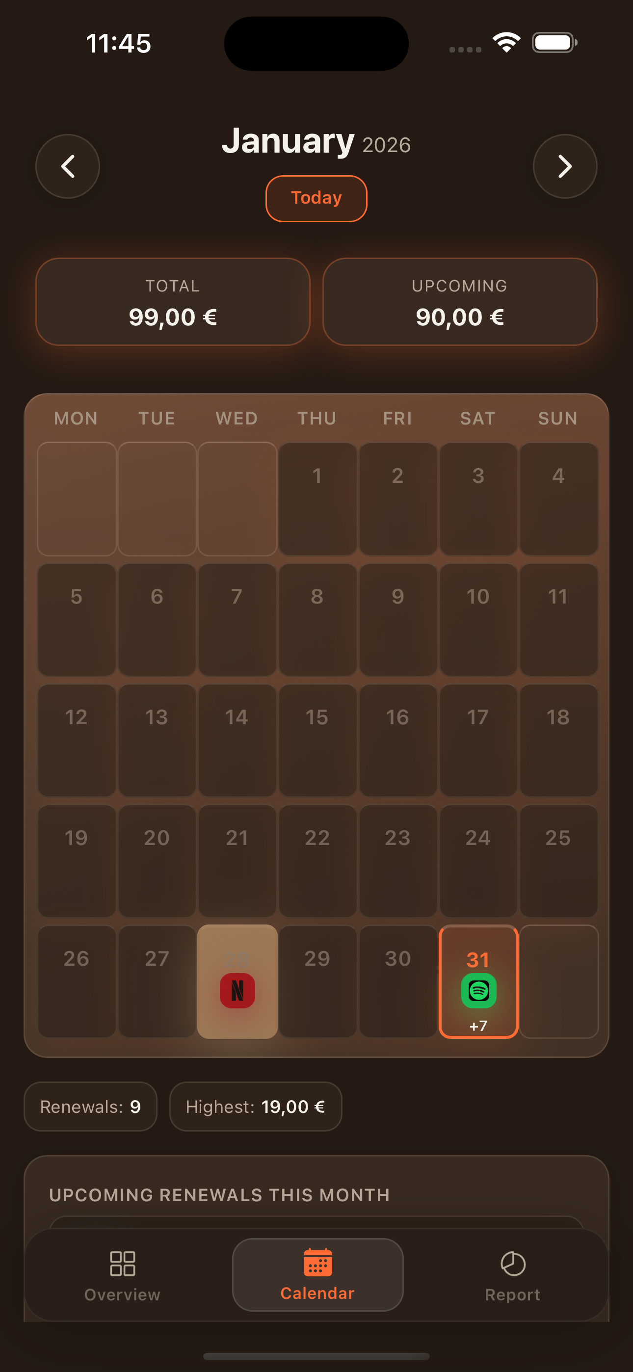 Smoosh calendar screen showing renewal dates