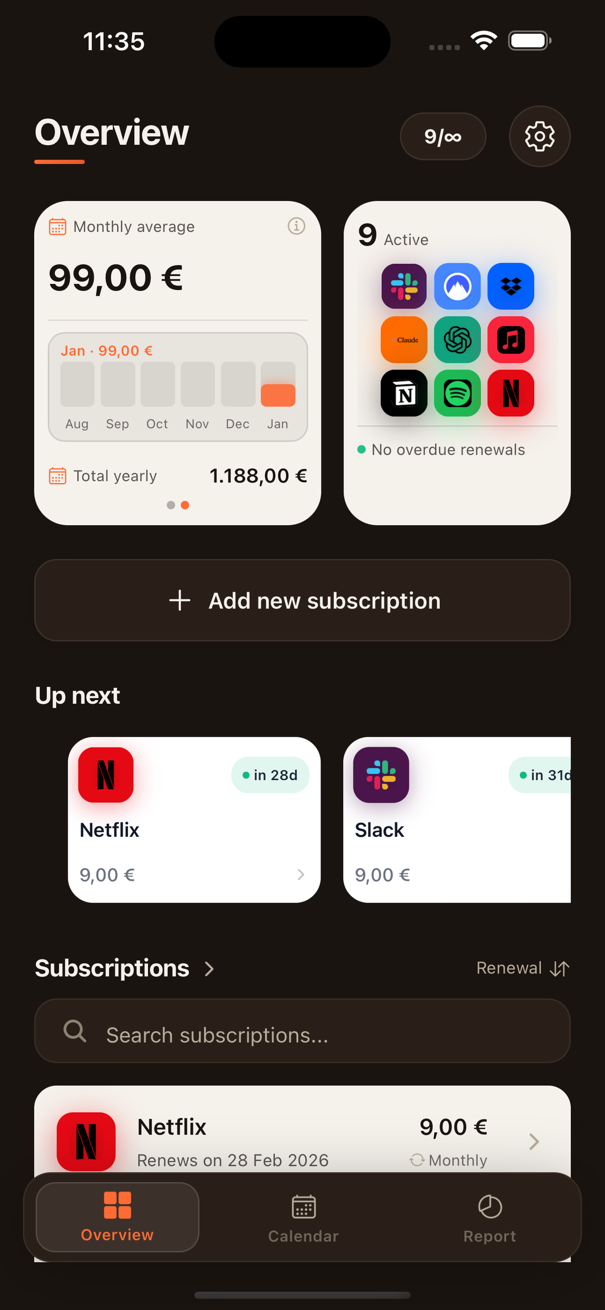 Smoosh overview screen showing subscription dashboard